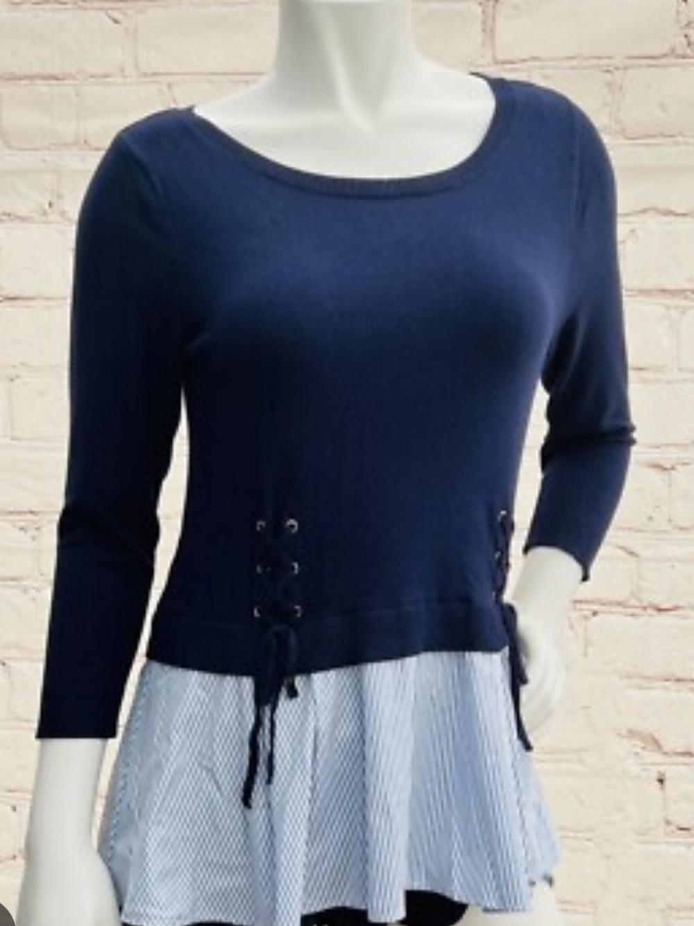 New York & Company Navy Blue Two-Tone Peplum Tunic